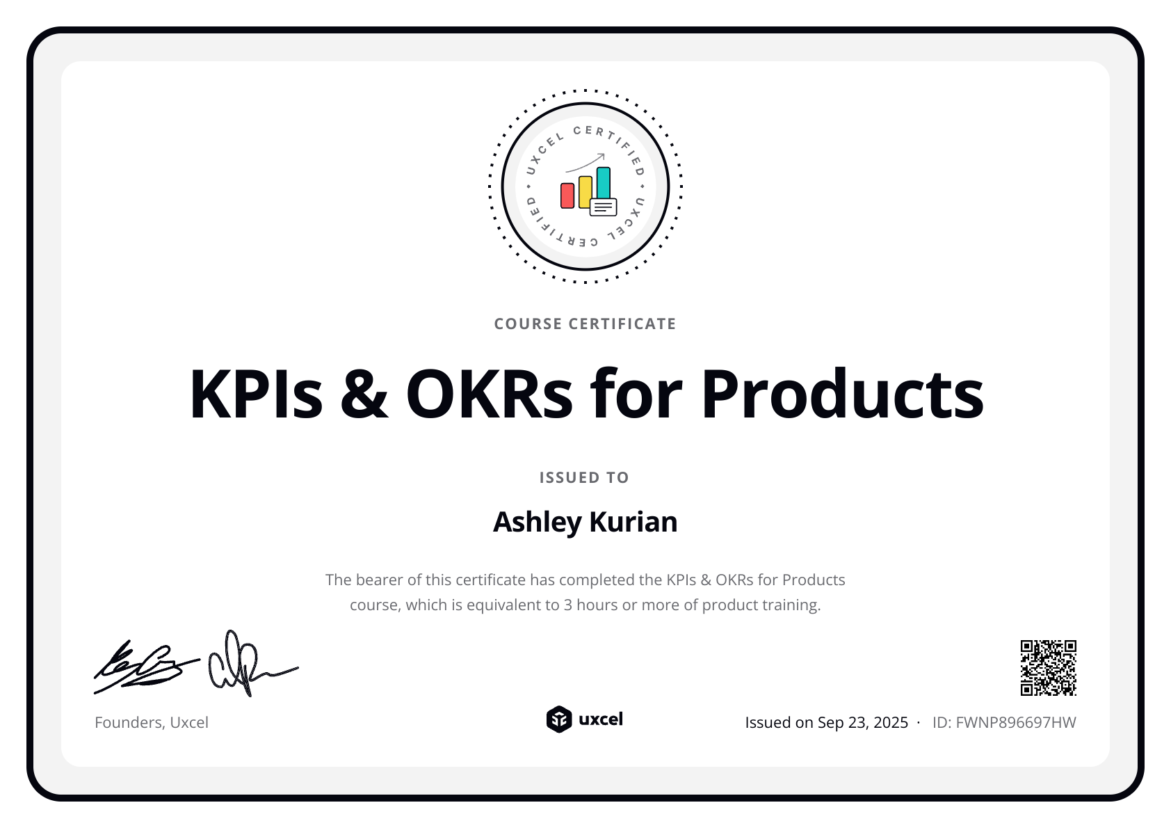 Ashley Kurian's certificate
